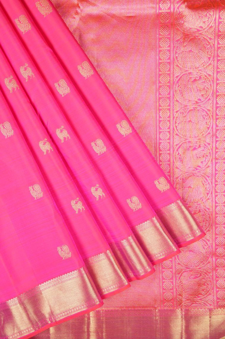 Hot Pink Kanchipuram Silk Sarees with Gold Zari Buttis (small Dots Or Motifs) view 1