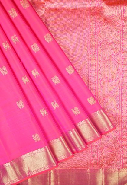 Hot Pink Kanchipuram Silk Sarees with Gold Zari Buttis (small Dots Or Motifs)