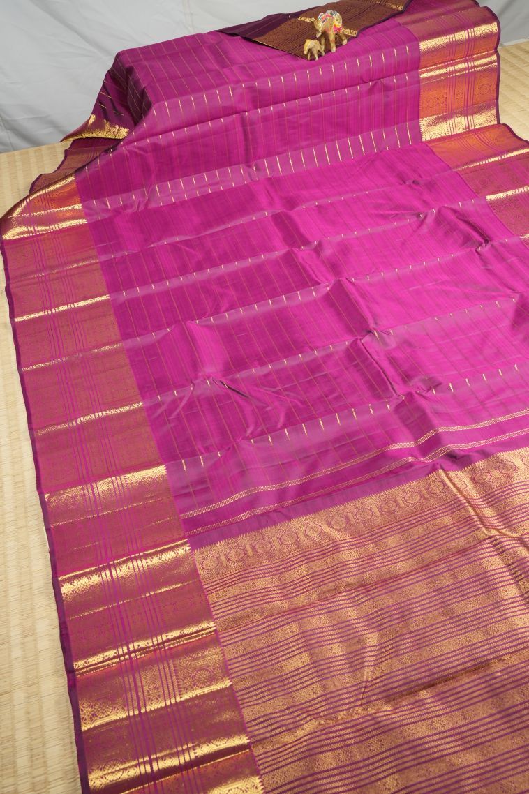 Magenta Purple Kanchipuram Silk Sarees with Gold Zari Stripes view 2
