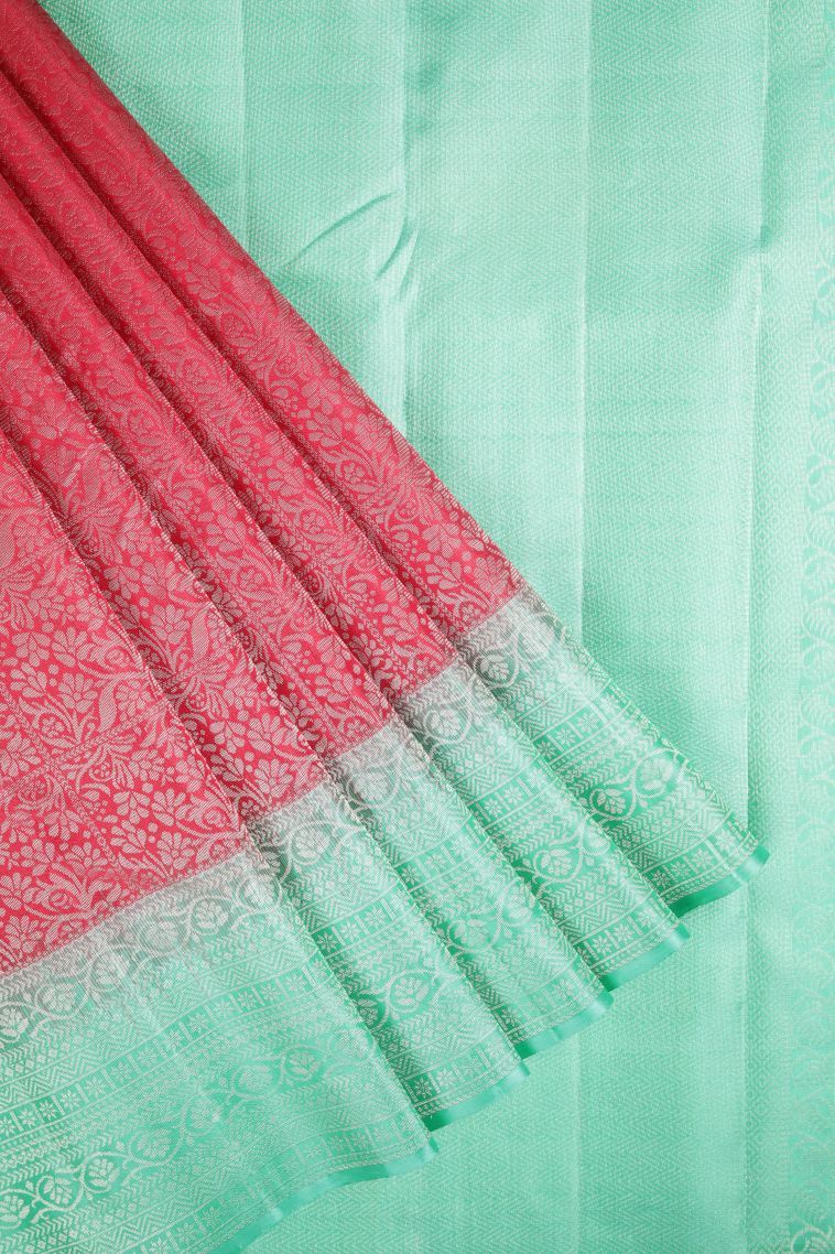 Strawberry Pink Soft Silk Saree with Silver Zari Floral Patterns view 1
