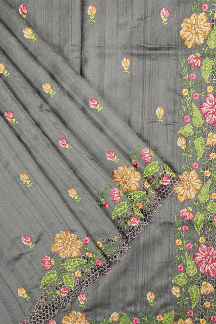 Gray Black Tussar Saree with Without Zari Zari Buttis (small Dots Or Motifs) view 1