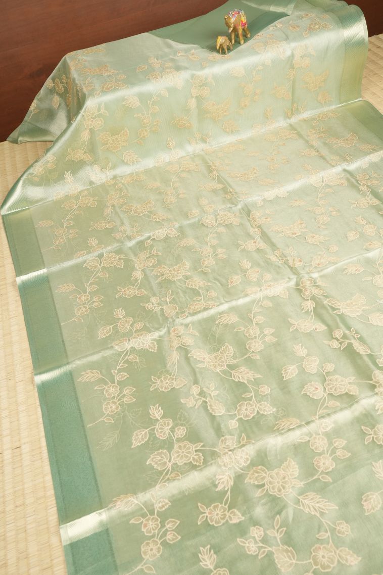 Mint Green Organza Saree with Without Zari Zari Floral Patterns view 2