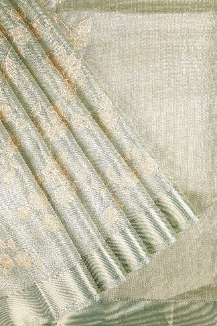 Mint Green Organza Saree with Without Zari Zari Floral Patterns view 1