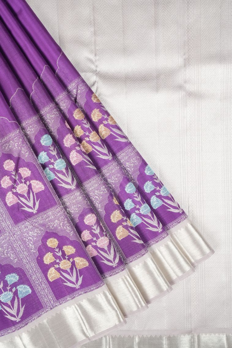 Bubble Purple Kanchipuram Silk Sarees with Silver Zari Floral Patterns view 1