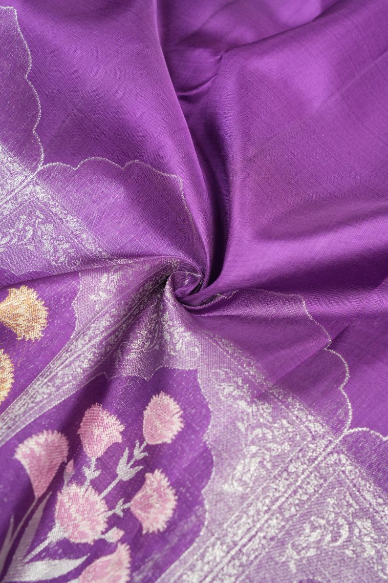 Bubble Purple Kanchipuram Silk Sarees with Silver Zari Floral Patterns view 4