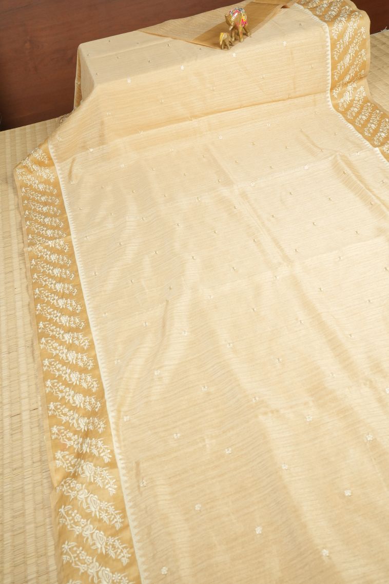 Cream White Tussar Saree with Without Zari Zari Buttis (small Dots Or Motifs) view 2