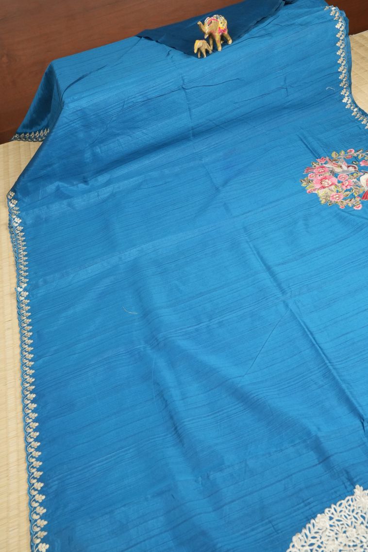 Cobalt Blue Tussar Saree with Without Zari Zari Plain view 2