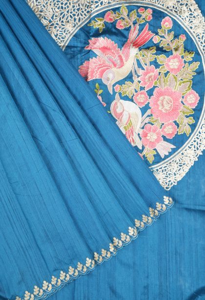 Cobalt Blue Tussar Saree with Without Zari Zari Plain