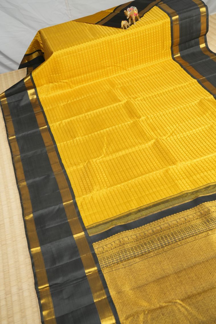 Gold Kanchipuram Silk Sarees with Gold Zari Checks view 2