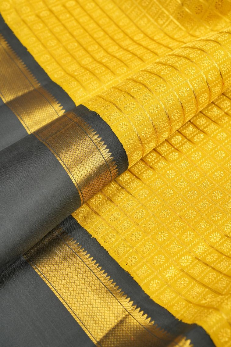 Gold Kanchipuram Silk Sarees with Gold Zari Checks view 4