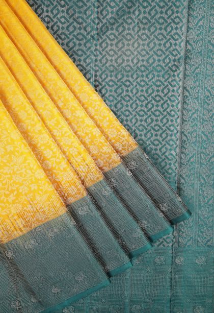 Gold Soft Silk Saree with Silver Zari Floral Patterns