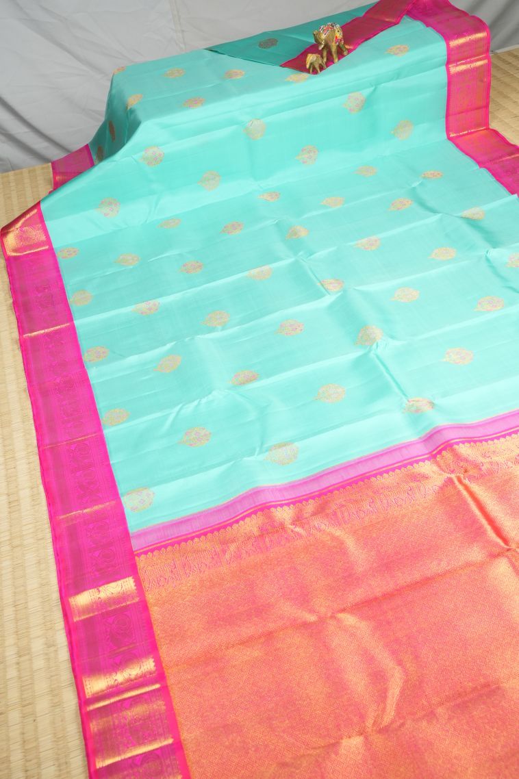 Arctic Blue Kanchipuram Silk Sarees with Gold Zari Buttis (small Dots Or Motifs) view 2