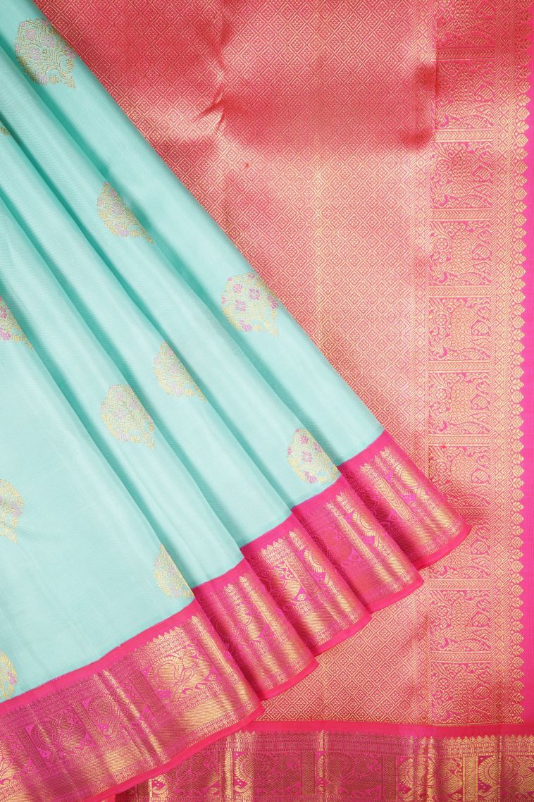 Arctic Blue Kanchipuram Silk Sarees with Gold Zari Buttis (small Dots Or Motifs) view 1