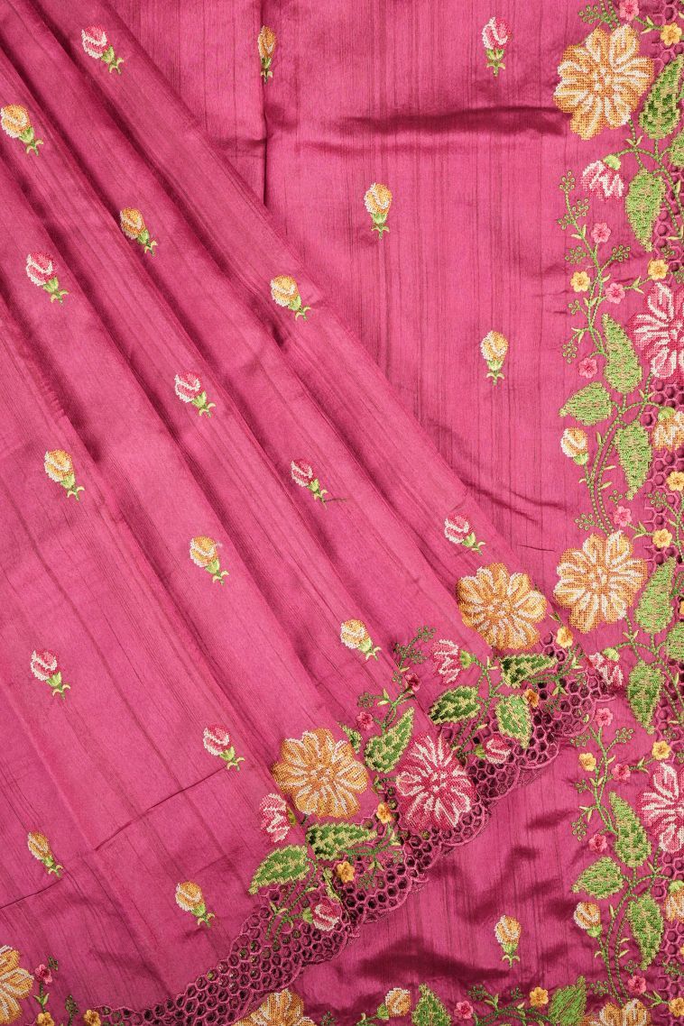 Rouge Pink Tussar Saree with Without Zari Zari Buttis (small Dots Or Motifs) view 1