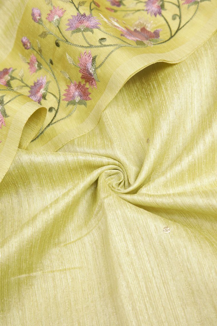 Lime Green Tussar Saree with Without Zari Zari Buttis (small Dots Or Motifs) view 4
