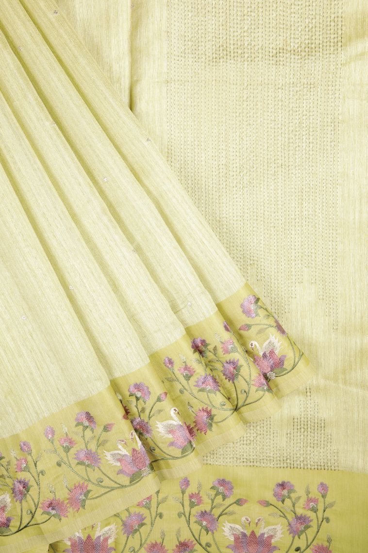 Lime Green Tussar Saree with Without Zari Zari Buttis (small Dots Or Motifs) view 1