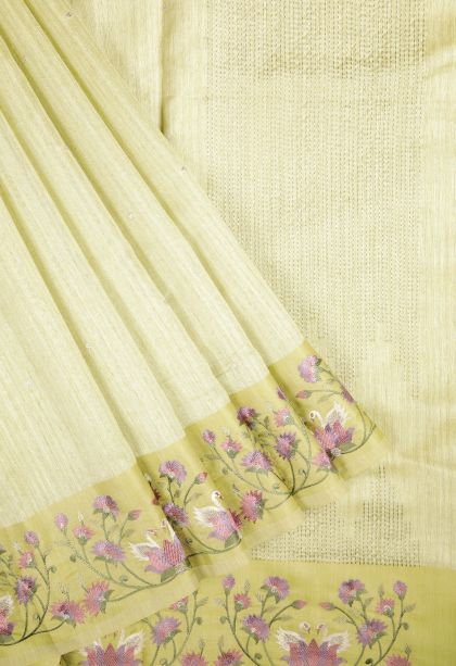 Lime Green Tussar Saree with Without Zari Zari Buttis (small Dots Or Motifs)