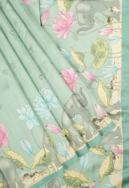 Arctic Blue Tussar Saree with Without Zari Zari Buttis (small Dots Or Motifs)