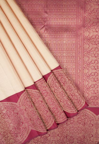 Cream White Kanchipuram Silk Sarees with Gold Zari Checks