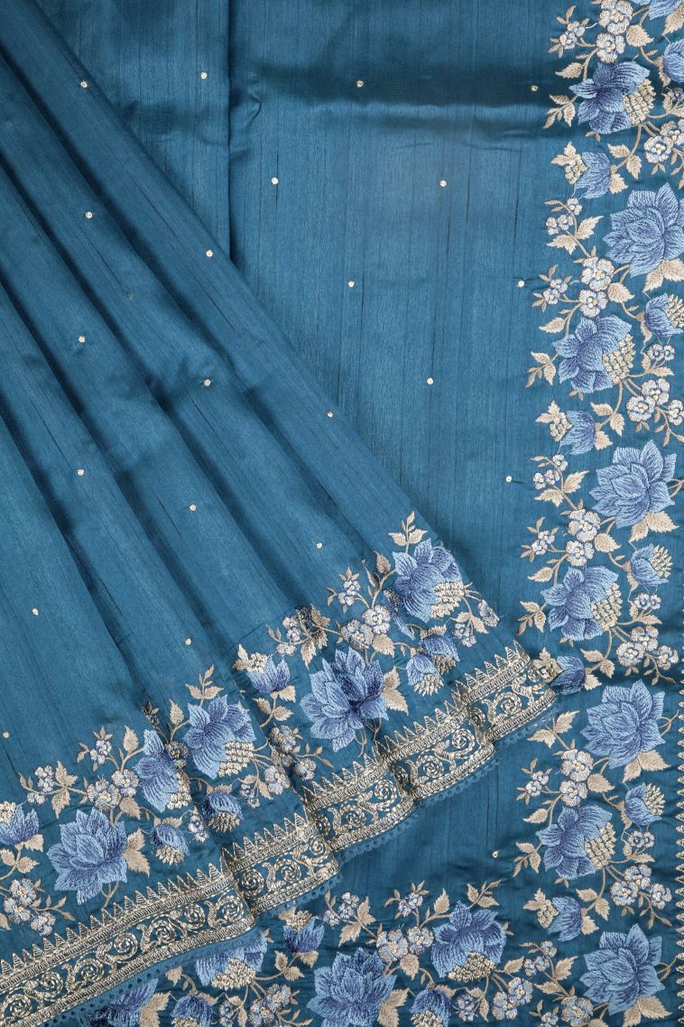 Lapis Blue Tussar Saree with Without Zari Zari Buttis (small Dots Or Motifs) view 1