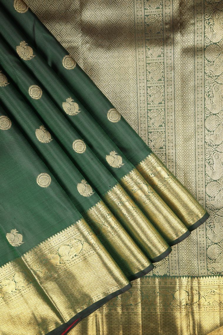 Basil Green Kanchipuram Silk Sarees with Gold Zari Buttis (small Dots Or Motifs) view 1