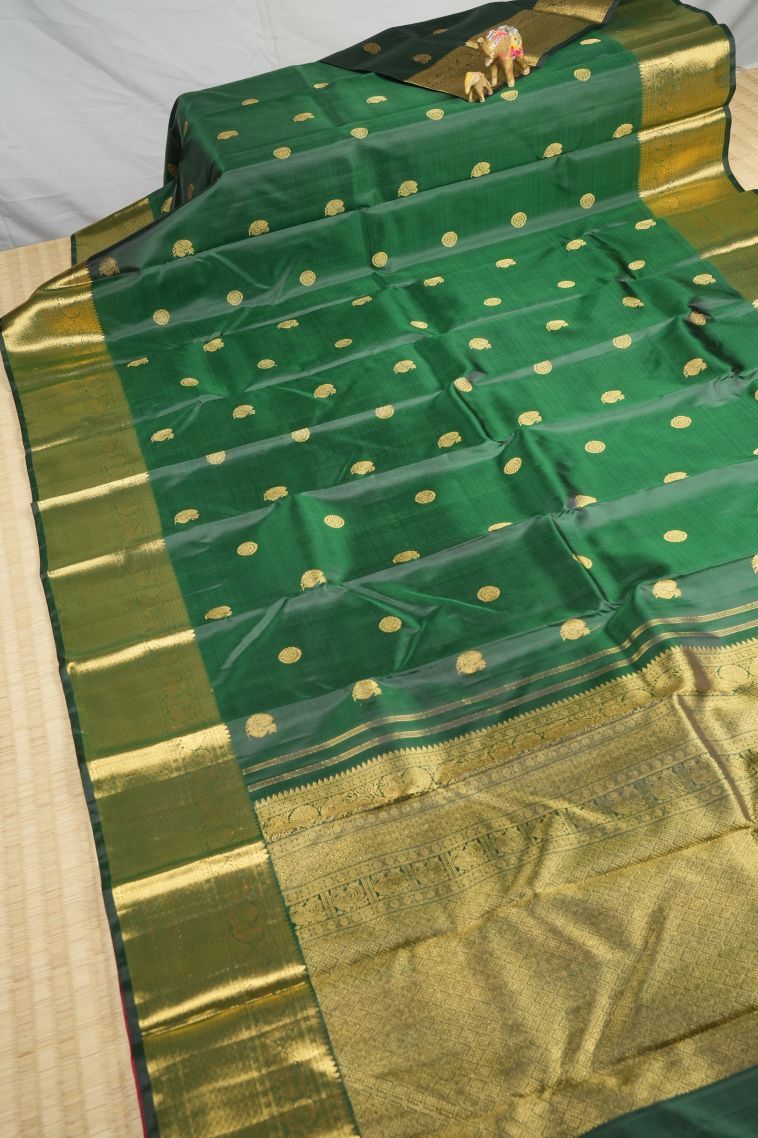 Basil Green Kanchipuram Silk Sarees with Gold Zari Buttis (small Dots Or Motifs) view 2