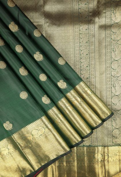 Basil Green Kanchipuram Silk Sarees with Gold Zari Buttis (small Dots Or Motifs)