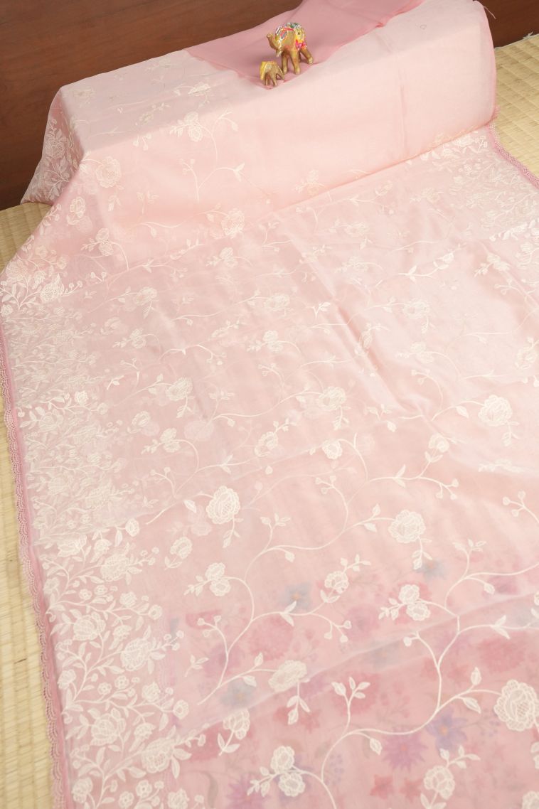 Crepe Pink Organza Saree with Without Zari Zari Floral Patterns view 2