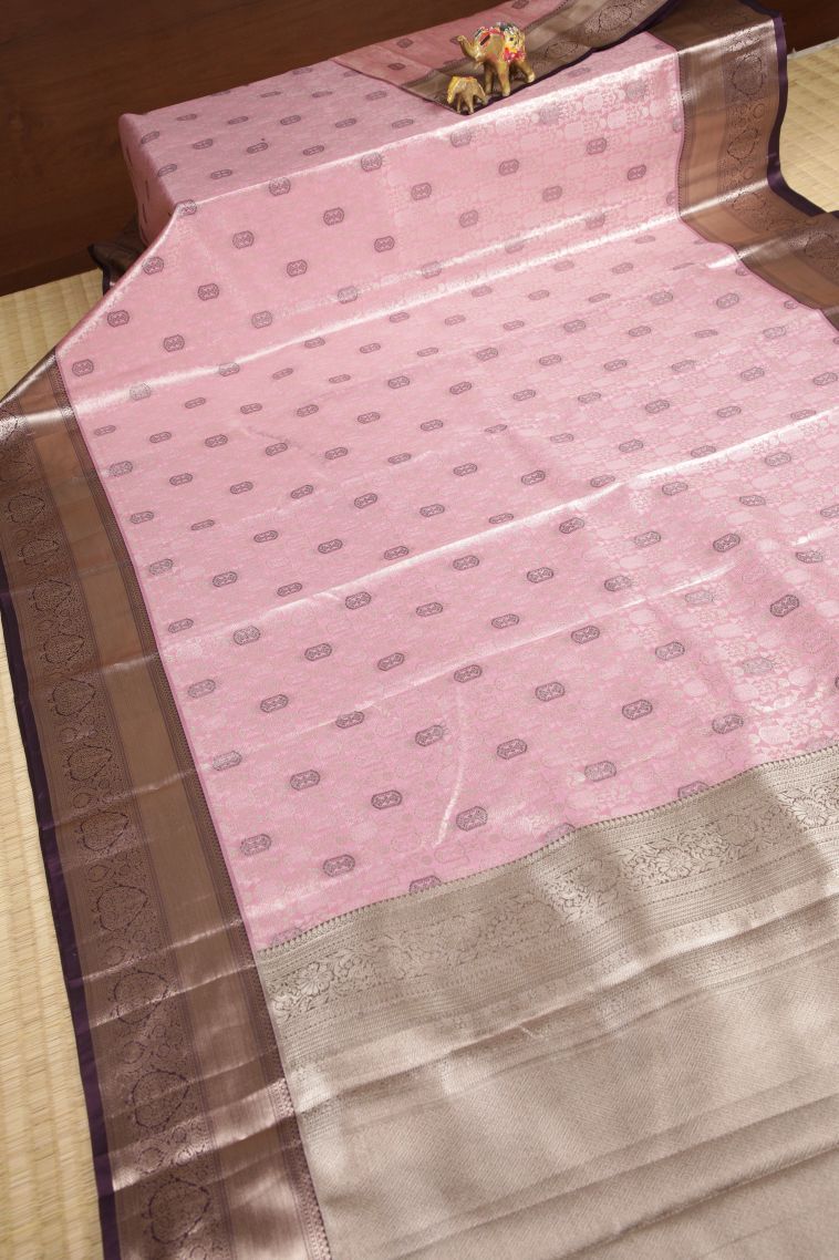 Blush Pink Tissue Silk Sarees with Silver Zari Floral Patterns view 2