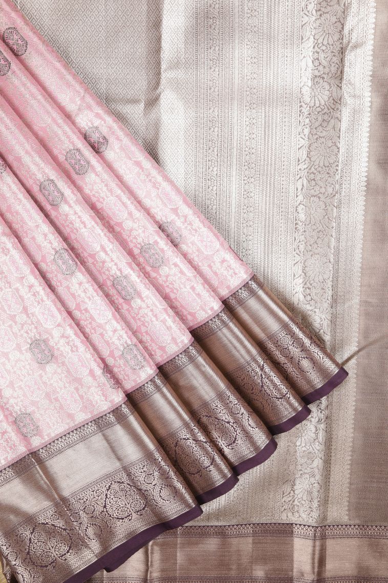 Blush Pink Tissue Silk Sarees with Silver Zari Floral Patterns view 1