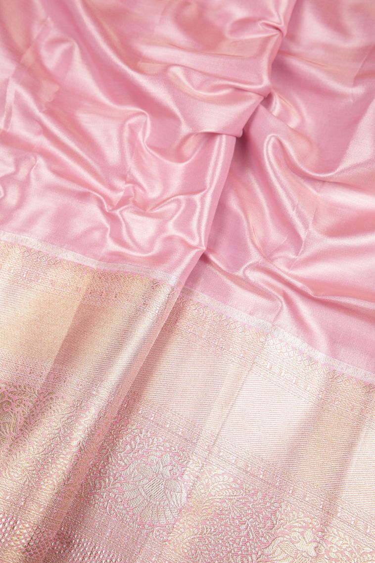 Blush Pink Tissue Silk Sarees with Silver Zari Floral Patterns view 3