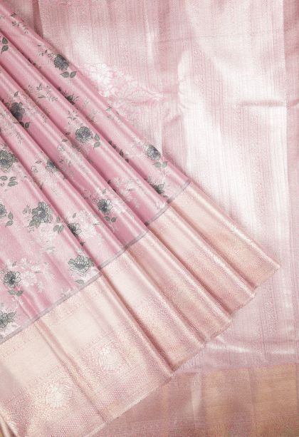 Blush Pink Tissue Silk Sarees with Silver Zari Floral Patterns