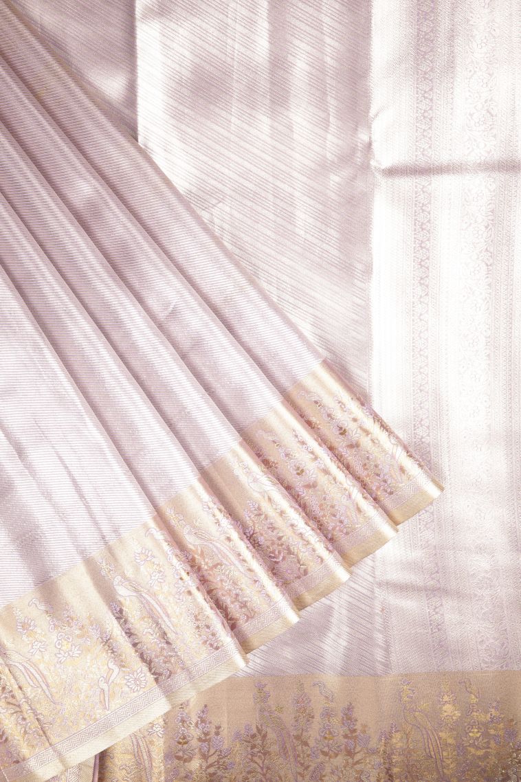 Lavender Purple Tissue Silk Sarees with Silver Zari Stripes view 1