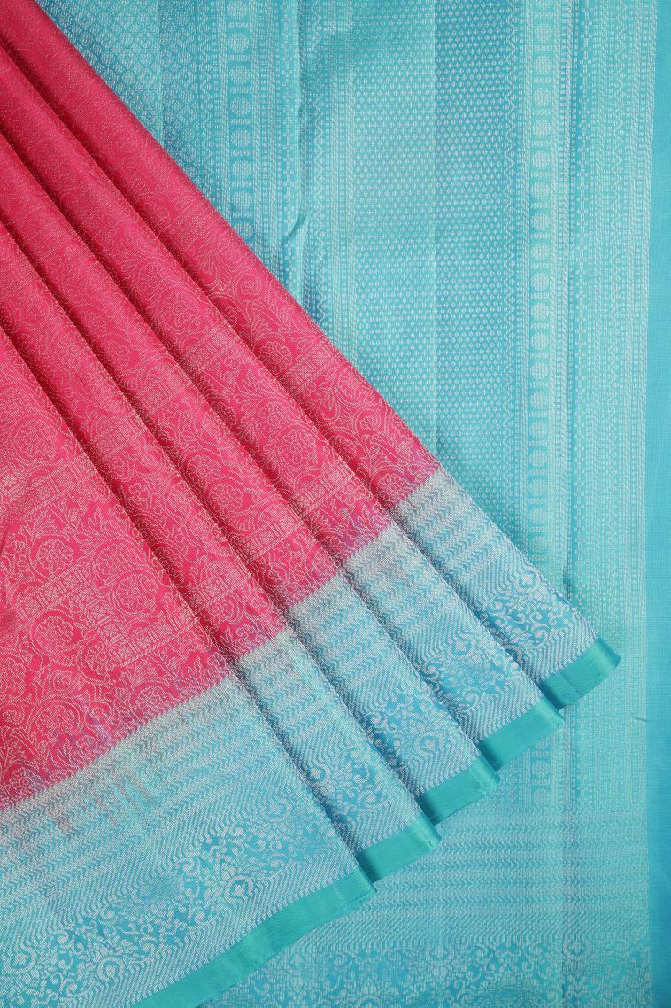 Hot Pink Soft Silk Saree with Silver Zari Floral Patterns view 1