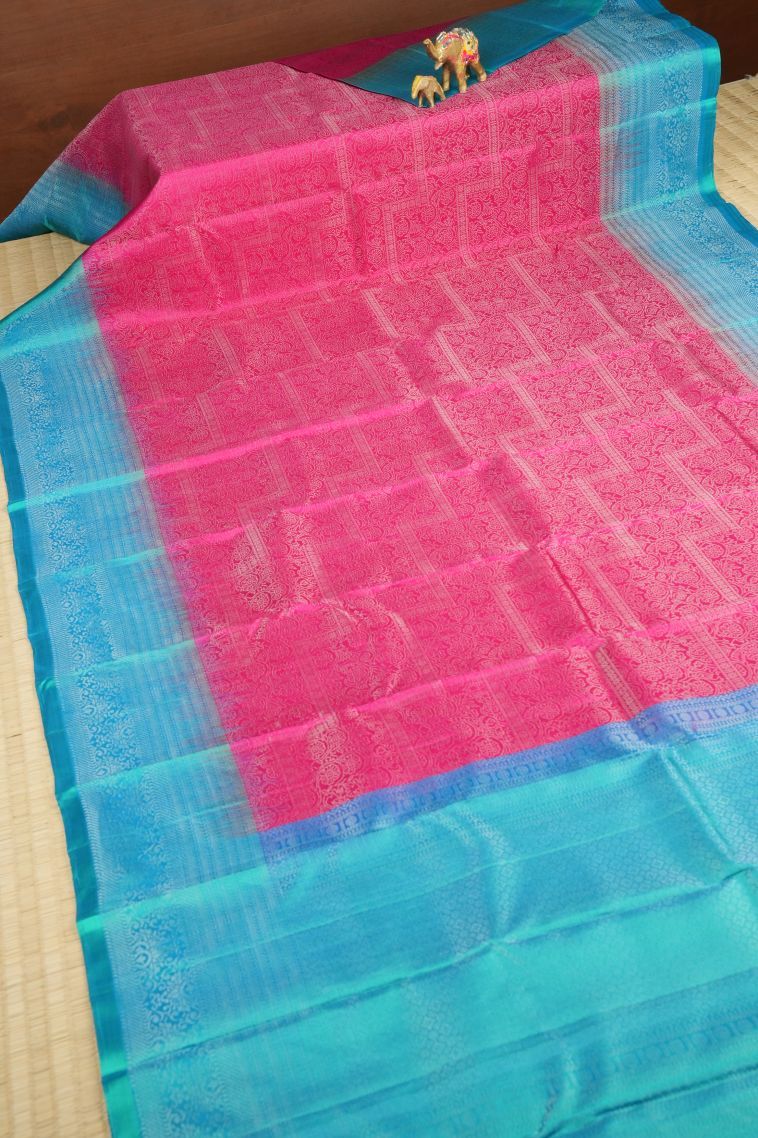 Hot Pink Soft Silk Saree with Silver Zari Floral Patterns view 2