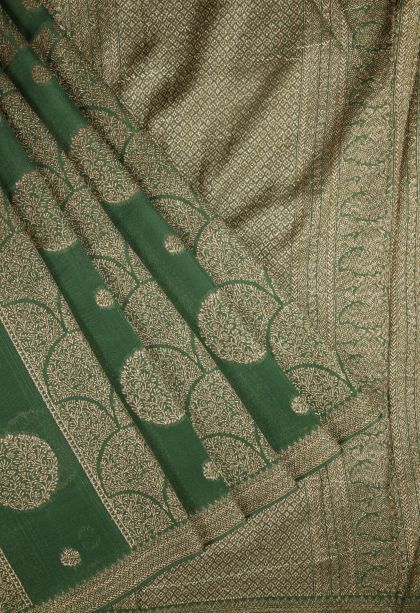 Basil Green Banaras Sarees with Copper Zari Buttis (small Dots Or Motifs)