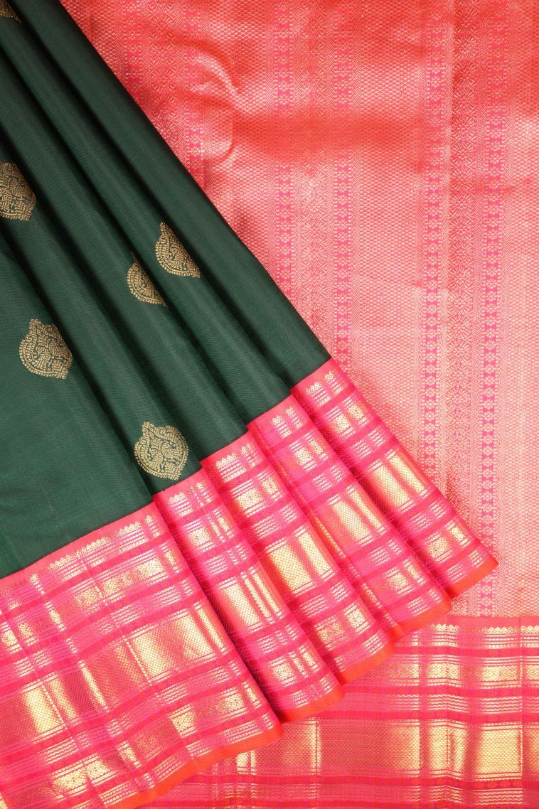 Bottle Green Kanchipuram Silk Sarees with Gold Zari Buttis (small Dots Or Motifs) view 1