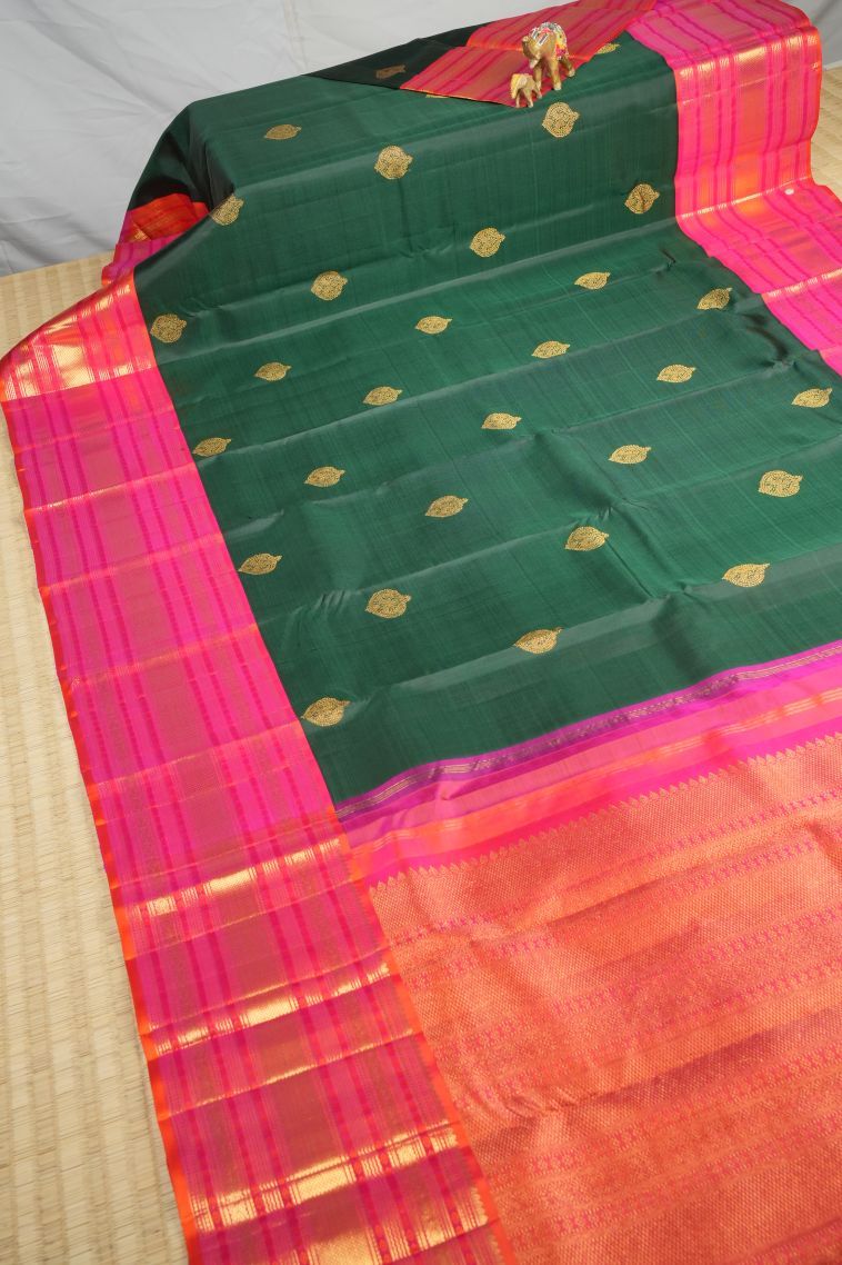 Bottle Green Kanchipuram Silk Sarees with Gold Zari Buttis (small Dots Or Motifs) view 2