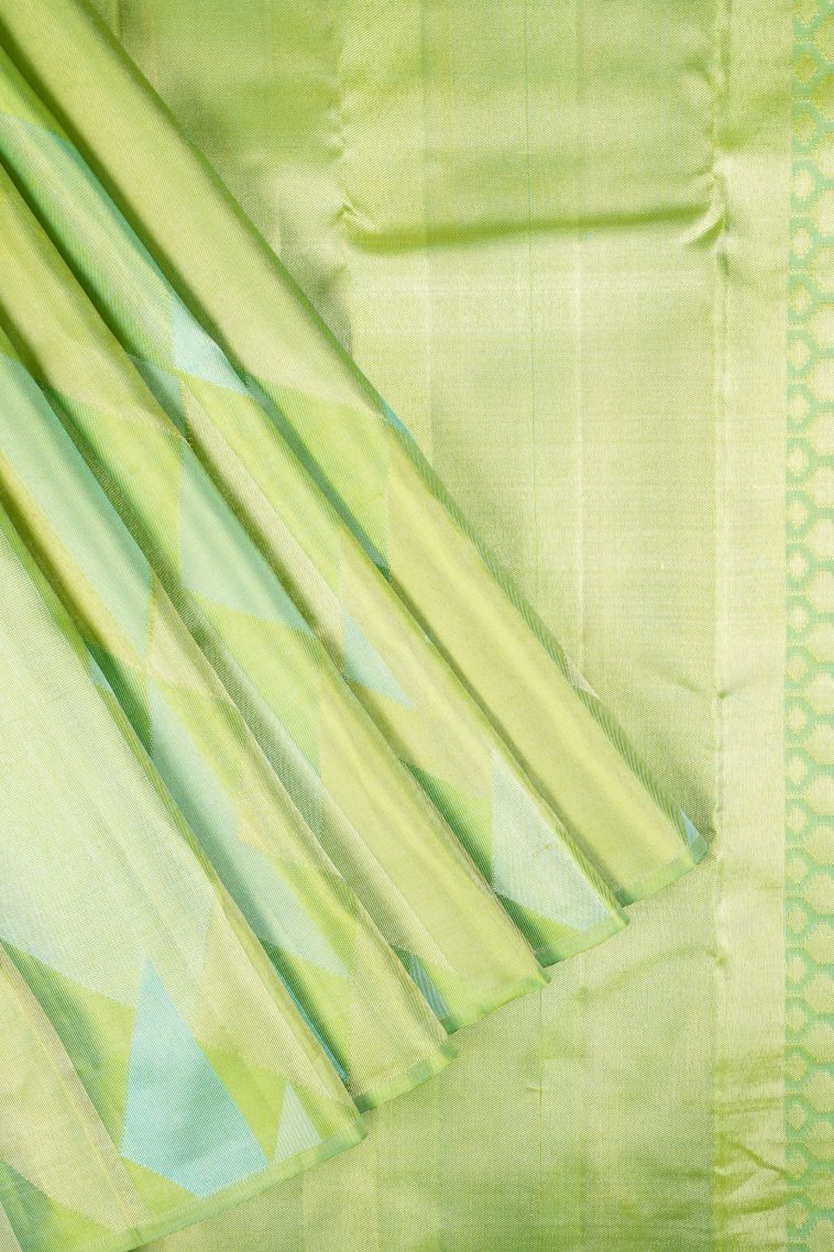 Chartreuse Green Kanchipuram Silk Sarees with Gold Zari Geometric Shapes view 1