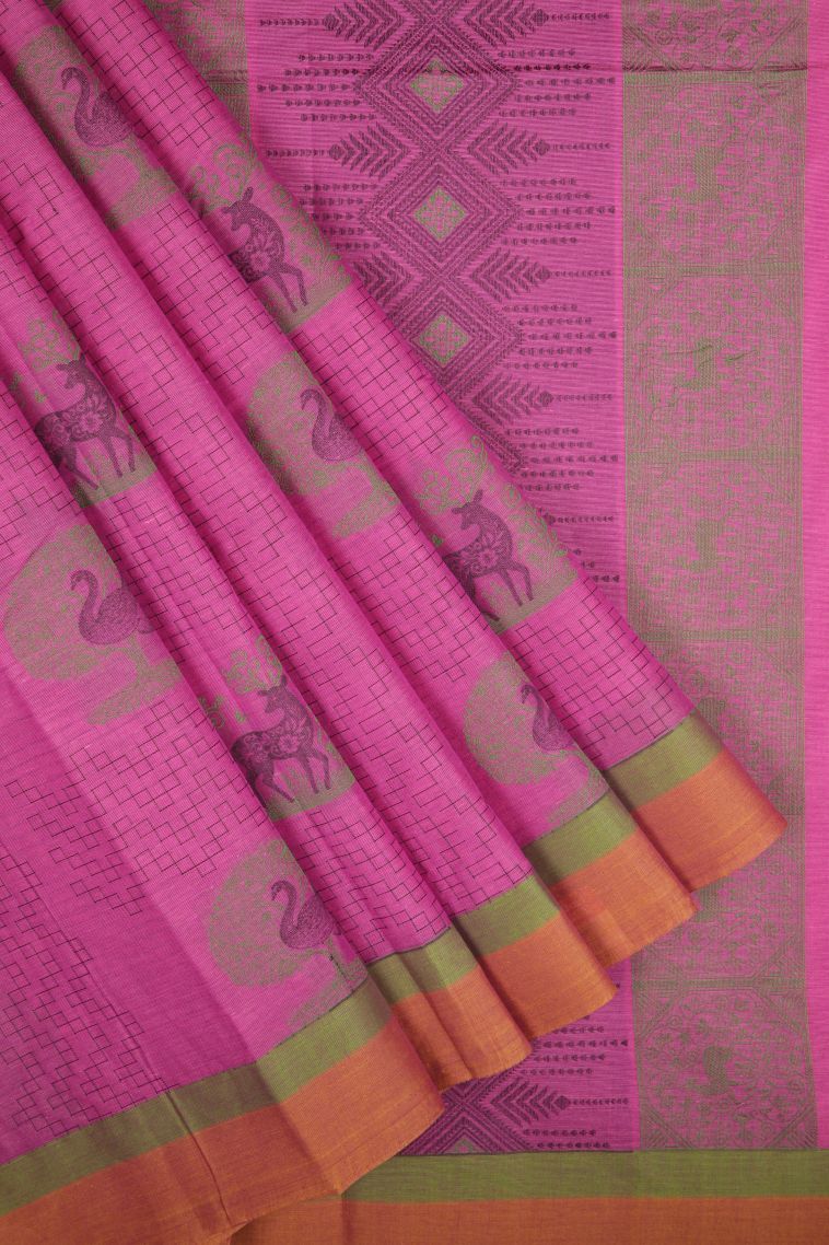 Bubblegum Pink Kovai Cotton Sarees with Without Zari Zari Buttis (small Dots Or Motifs) view 1