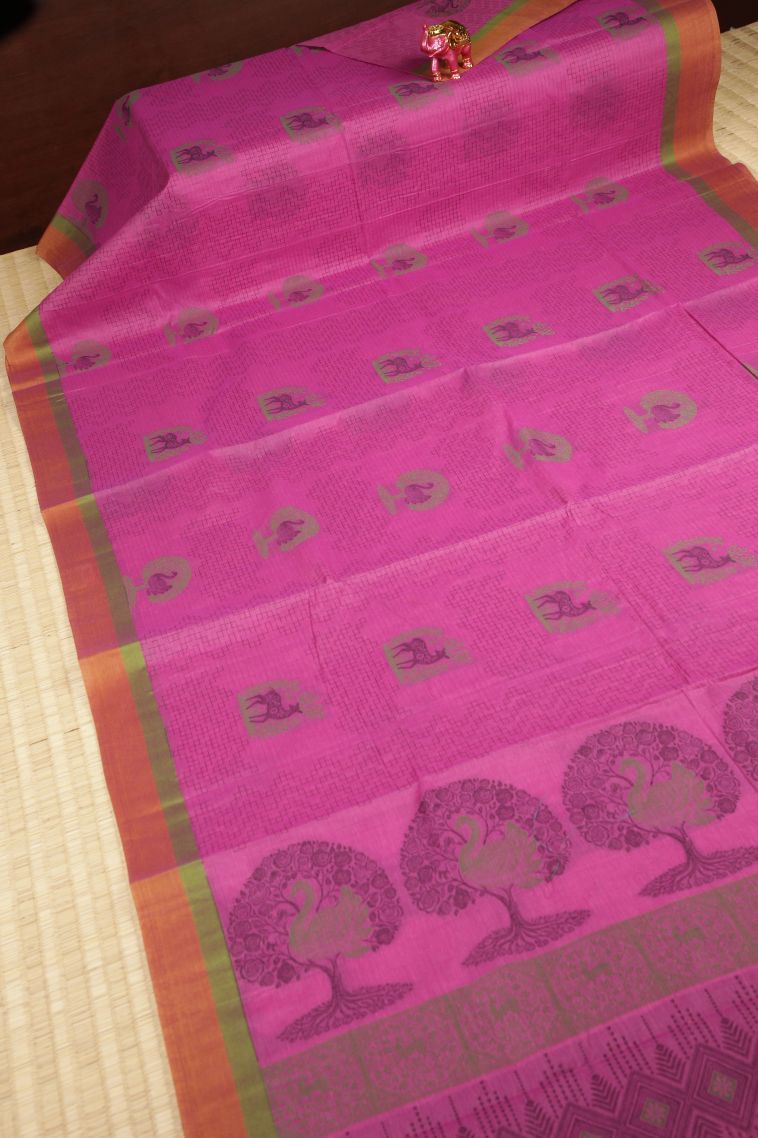 Bubblegum Pink Kovai Cotton Sarees with Without Zari Zari Buttis (small Dots Or Motifs) view 2