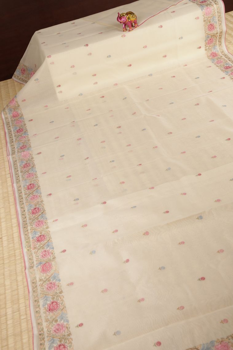 Cream White Tussar Saree with Without Zari Zari Buttis (small Dots Or Motifs) view 2