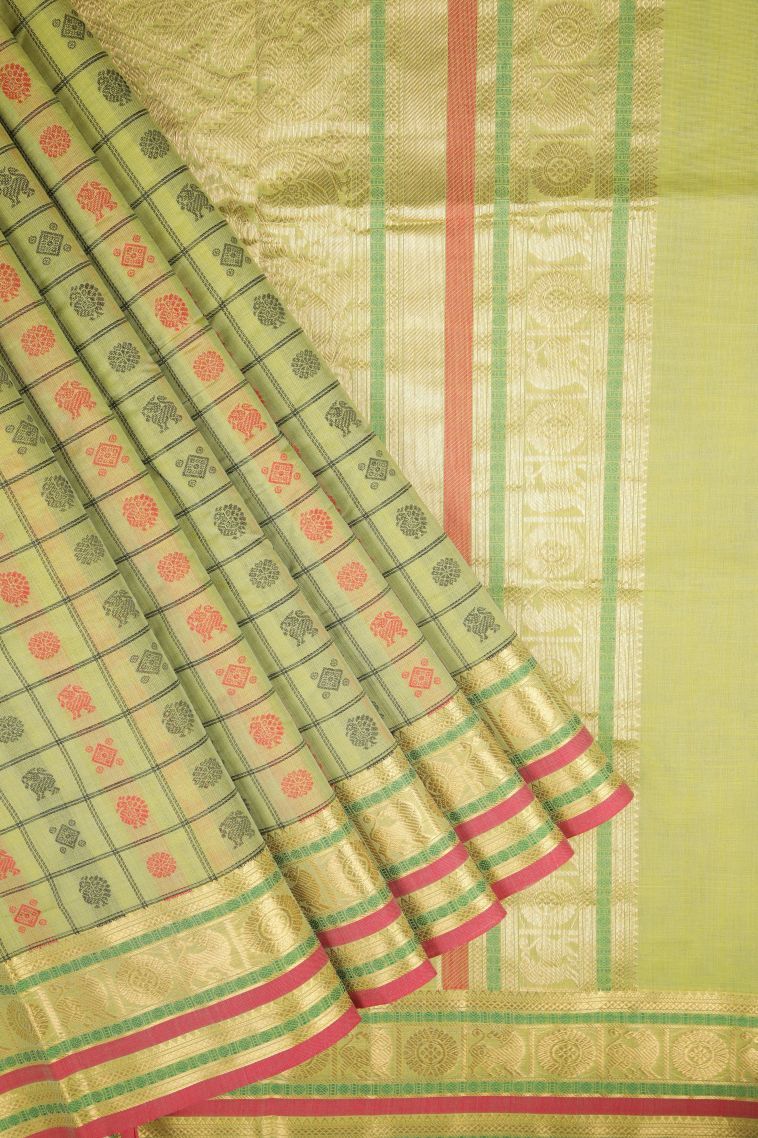 Lime Green Pure Handloom Kovai Cotton with Without Zari Zari Peacock Motifs view 1