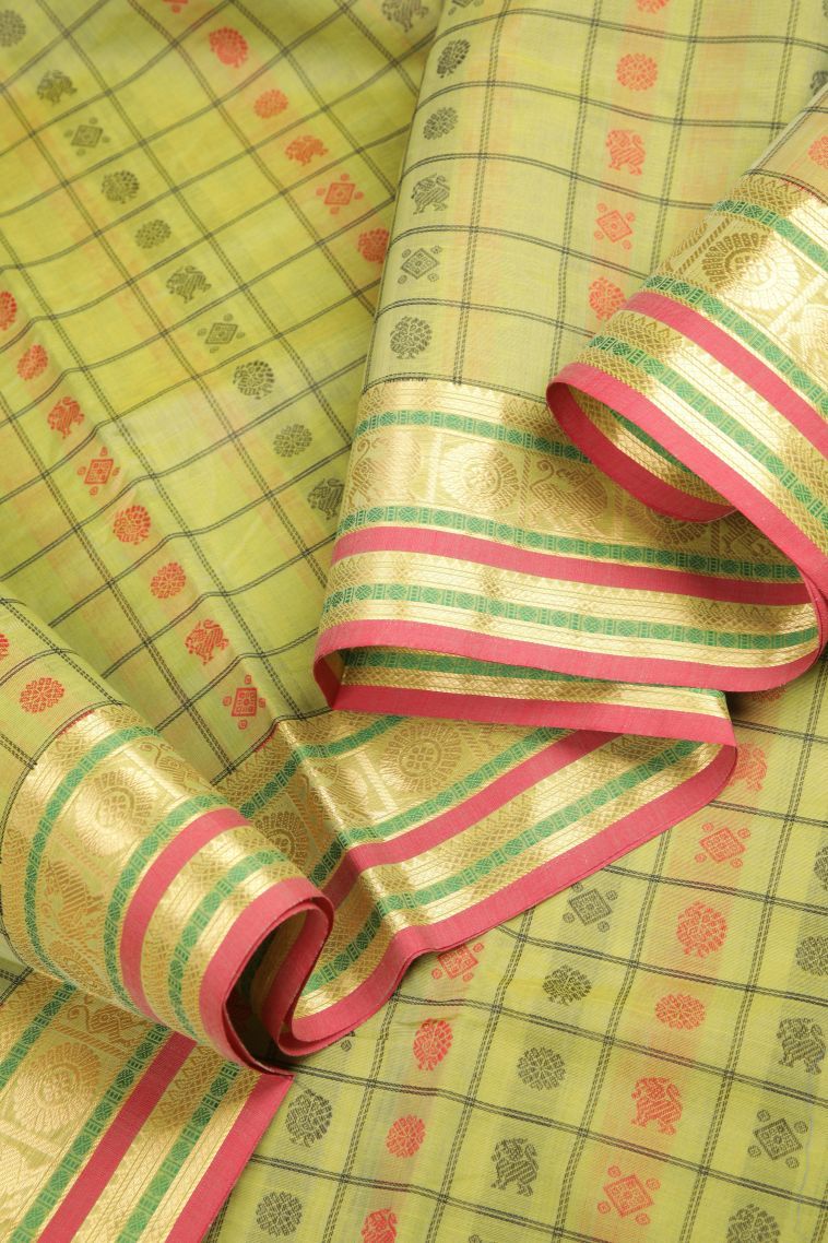 Lime Green Pure Handloom Kovai Cotton with Without Zari Zari Peacock Motifs view 4