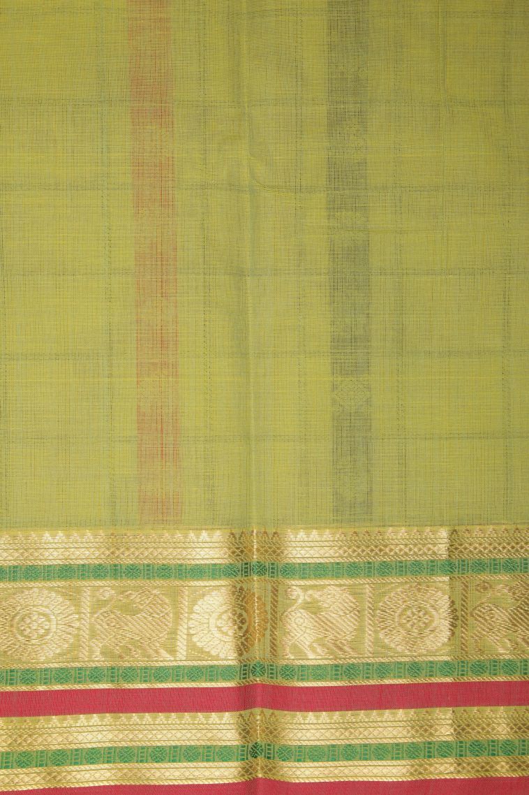 Lime Green Pure Handloom Kovai Cotton with Without Zari Zari Peacock Motifs view 3