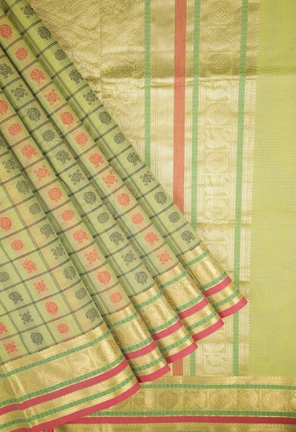 Lime Green Pure Handloom Kovai Cotton with Without Zari Zari Peacock Motifs