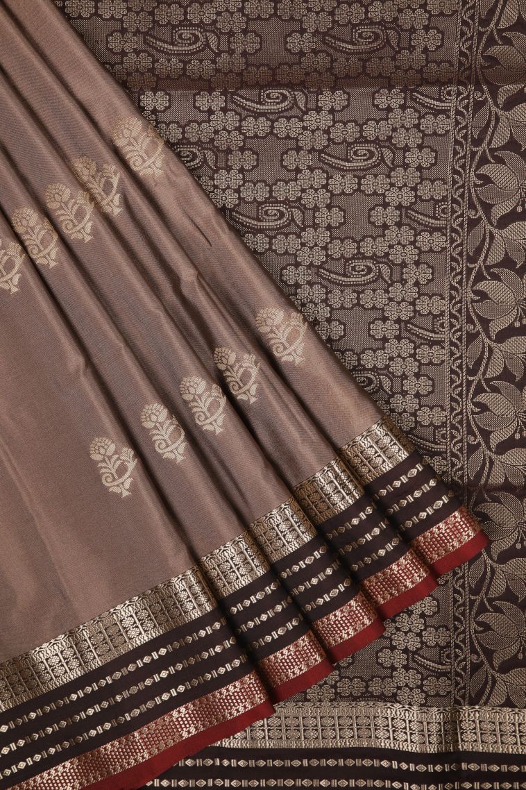 Tawny Brown Soft Silk Saree with Copper Zari Buttis (small Dots Or Motifs) view 1