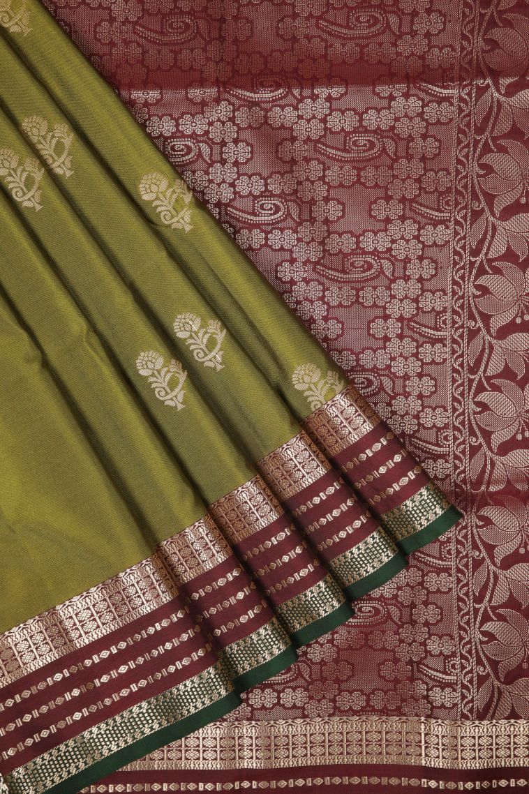 Basil Green Soft Silk Saree with Copper Zari Buttis (small Dots Or Motifs) view 1