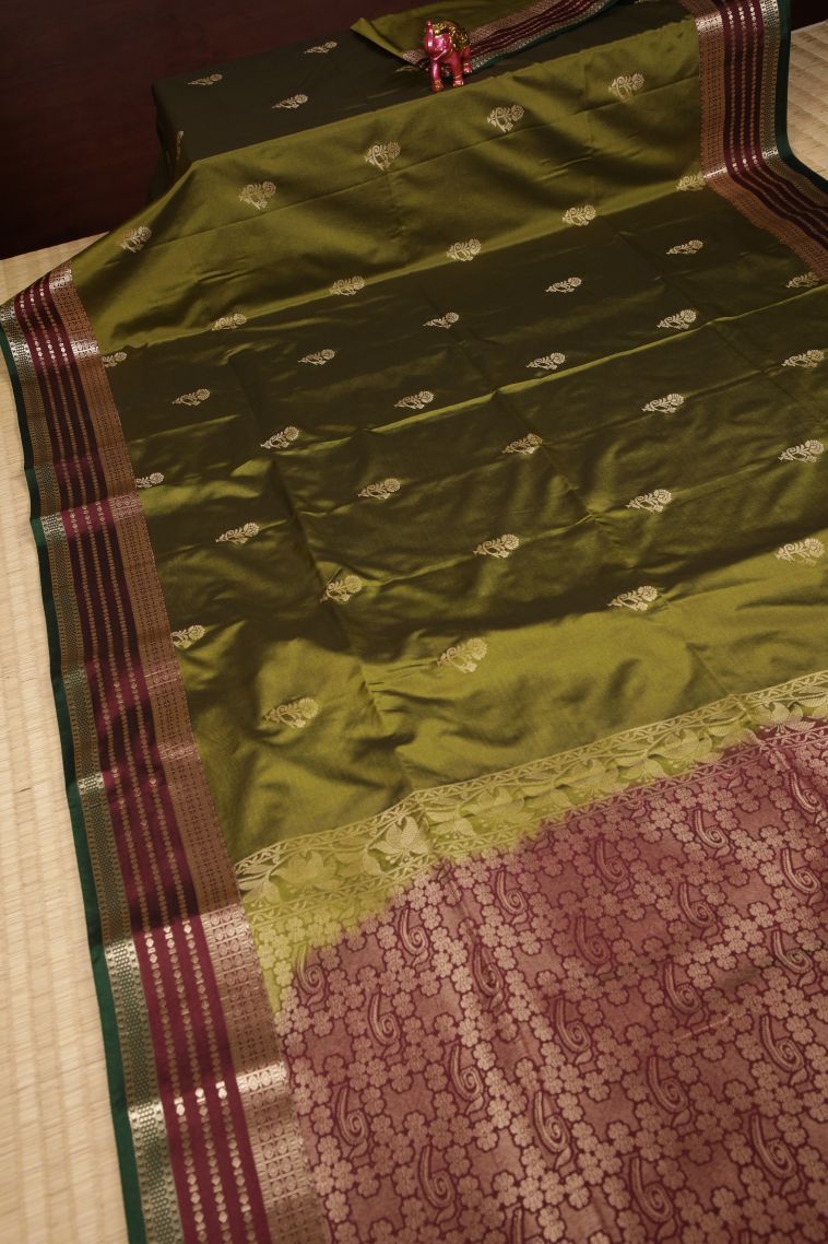 Basil Green Soft Silk Saree with Copper Zari Buttis (small Dots Or Motifs) view 2