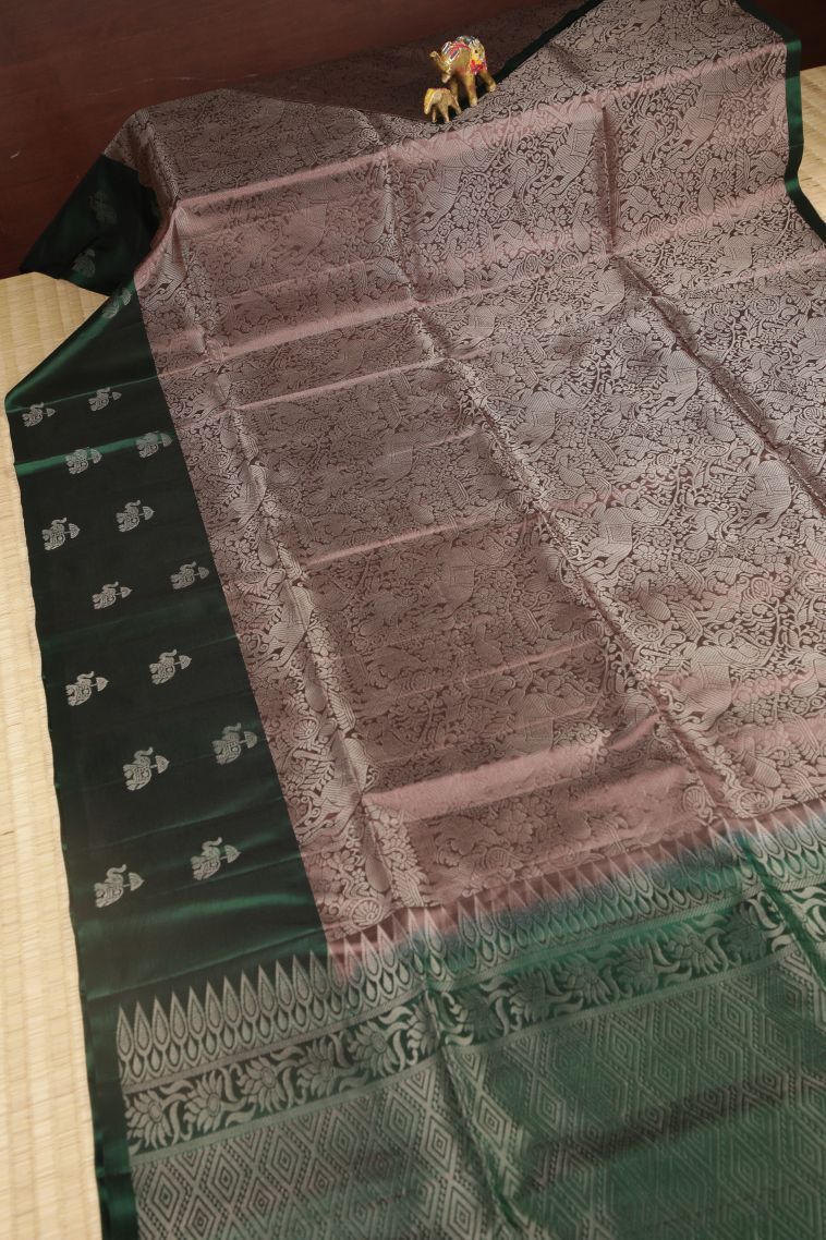Rosewood Pink Soft Silk Saree with Silver Zari Floral Patterns view 2